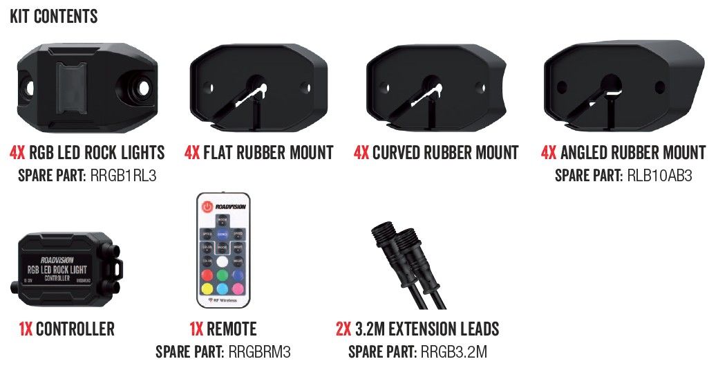 Roadvision LED Rock Light Kit V3 RGB 4 Way with RF Remote Control